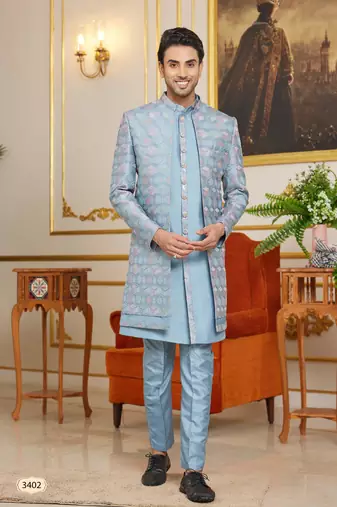 blue 3 piece indo western with computer thread work art silk and faux satin for mens