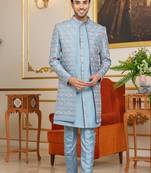 blue 3 piece indo western with computer thread work art silk and faux satin for mens
