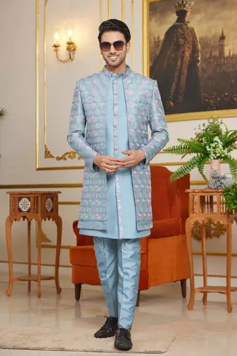 blue 3 piece indo western with computer thread work art silk and faux satin for mens