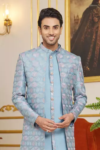 blue 3 piece indo western with computer thread work art silk and faux satin for mens