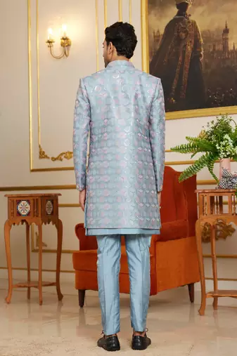 blue 3 piece indo western with computer thread work art silk and faux satin for mens