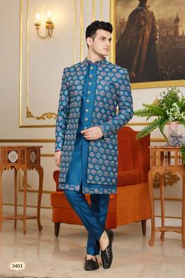 blue 3 piece indo western with computer thread work on art silk and faux satin for mens 1