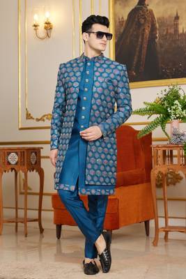 blue 3 piece indo western with computer thread work on art silk and faux satin for mens 2