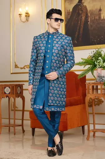 blue 3 piece indo western with computer thread work on art silk and faux satin for mens