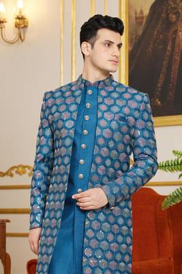 blue 3 piece indo western with computer thread work on art silk and faux satin for mens 3