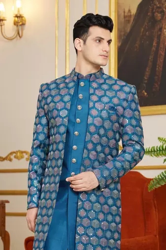 blue 3 piece indo western with computer thread work on art silk and faux satin for mens
