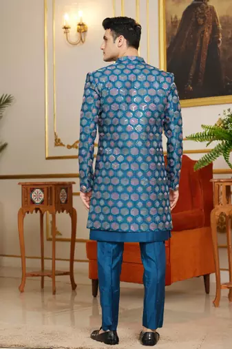 blue 3 piece indo western with computer thread work on art silk and faux satin for mens