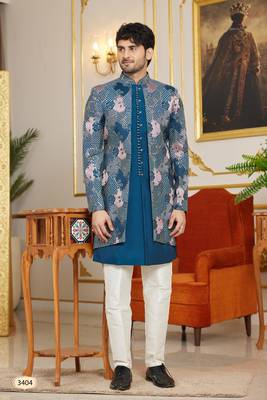 blue 3 piece indo western with computer thread work on art silk  for mens 1
