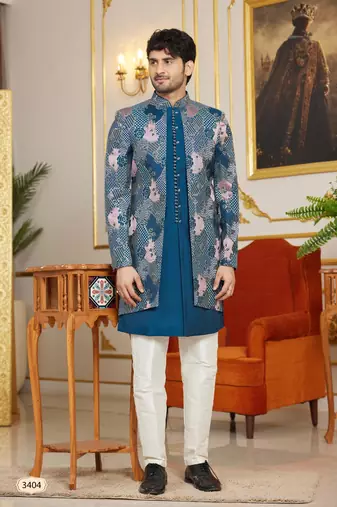 Blue 3 piece indo western with computer thread work on art silk  for mens