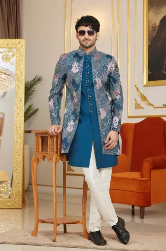 blue 3 piece indo western with computer thread work on art silk  for mens