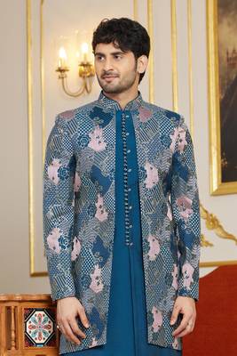 blue 3 piece indo western with computer thread work on art silk  for mens 3