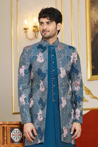 blue 3 piece indo western with computer thread work on art silk  for mens