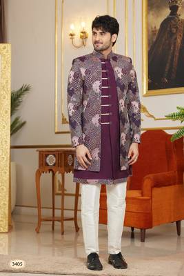wine 3 piece indo western with computer thread work on art silk and faux satin for mens 1