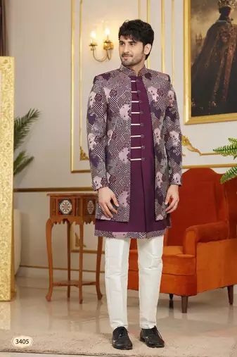 wine 3 piece indo western with computer thread work on art silk and faux satin for mens