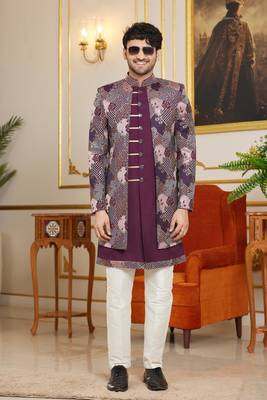 wine 3 piece indo western with computer thread work on art silk and faux satin for mens 2
