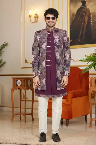 wine 3 piece indo western with computer thread work on art silk and faux satin for mens