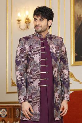 wine 3 piece indo western with computer thread work on art silk and faux satin for mens 3