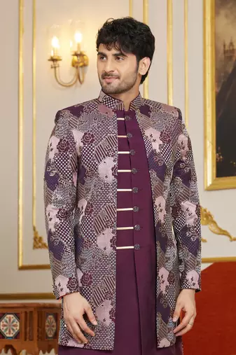 wine 3 piece indo western with computer thread work on art silk and faux satin for mens