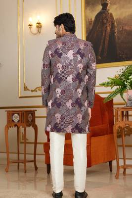 wine 3 piece indo western with computer thread work on art silk and faux satin for mens 4