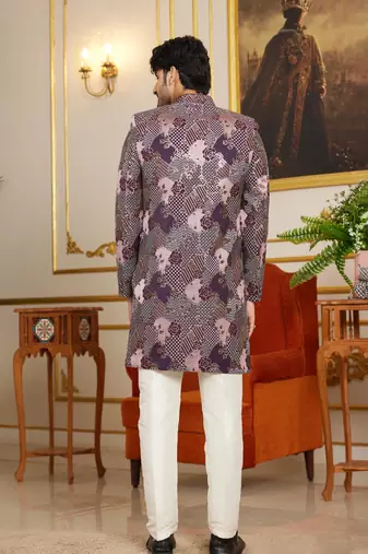 wine 3 piece indo western with computer thread work on art silk and faux satin for mens