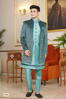 teal green 3 piece indo western with computer thread work on velvet and faux satin for mens 1