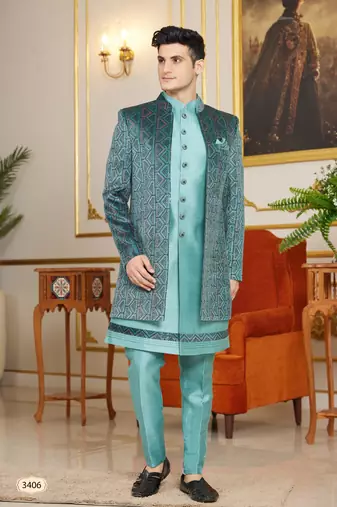 Teal green 3 piece indo western with computer thread work on velvet and faux satin for mens