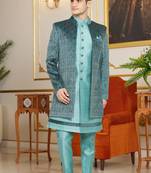 Teal green 3 piece indo western with computer thread work on velvet and faux satin for mens