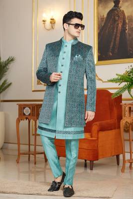 teal green 3 piece indo western with computer thread work on velvet and faux satin for mens 2