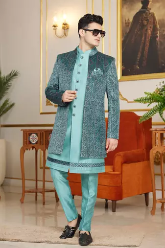 teal green 3 piece indo western with computer thread work on velvet and faux satin for mens