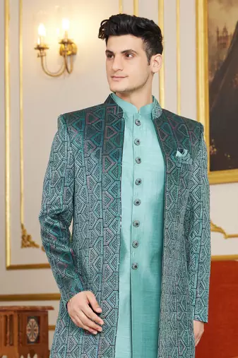 teal green 3 piece indo western with computer thread work on velvet and faux satin for mens