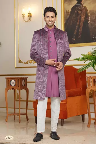 purple computer thread work on velvet 3 piece indo western with faux satin for mens