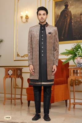 brown computer thread work on velvet 3 piece indo western with faux satin for mens 1
