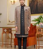 brown computer thread work on velvet 3 piece indo western with faux satin for mens