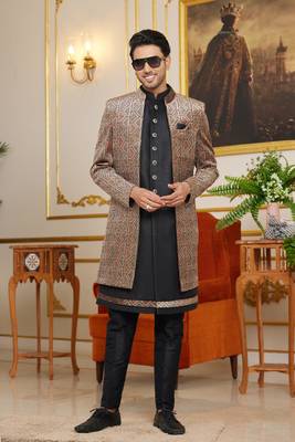 brown computer thread work on velvet 3 piece indo western with faux satin for mens 2