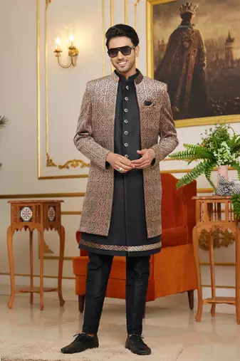 brown computer thread work on velvet 3 piece indo western with faux satin for mens
