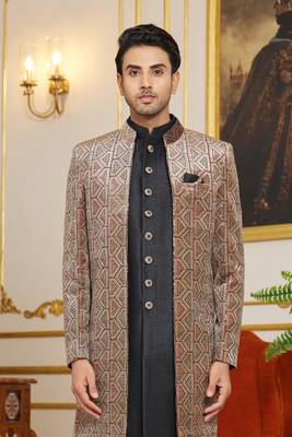brown computer thread work on velvet 3 piece indo western with faux satin for mens 3