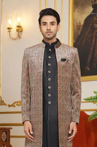 brown computer thread work on velvet 3 piece indo western with faux satin for mens