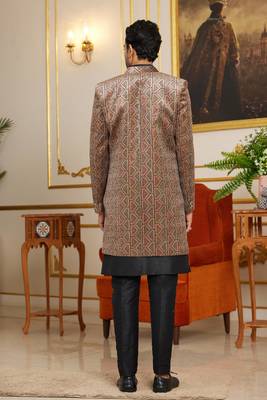 brown computer thread work on velvet 3 piece indo western with faux satin for mens 4