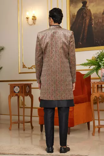 brown computer thread work on velvet 3 piece indo western with faux satin for mens