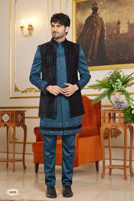 blue computer thread work on velvet 3 piece indo western with faux satin for mens 1