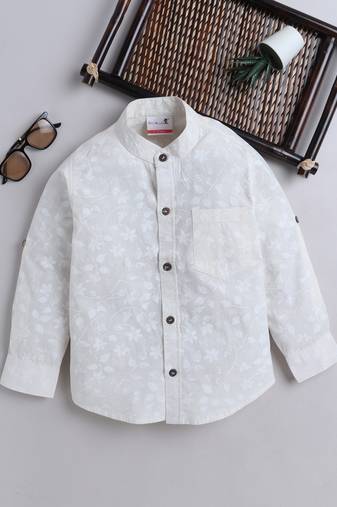 Lemon cotton full sleeves pink leaf print  mandarin collar shirt for boys