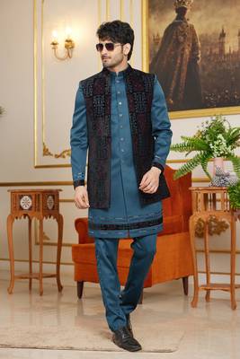 blue computer thread work on velvet 3 piece indo western with faux satin for mens 2