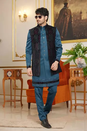 blue computer thread work on velvet 3 piece indo western with faux satin for mens