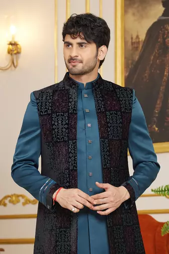 blue computer thread work on velvet 3 piece indo western with faux satin for mens