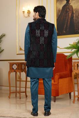 blue computer thread work on velvet 3 piece indo western with faux satin for mens 4