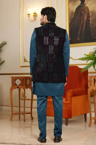 blue computer thread work on velvet 3 piece indo western with faux satin for mens