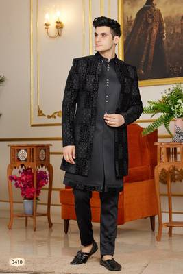 black computer thread work on velvet 3 piece indo western with faux satin for mens 1