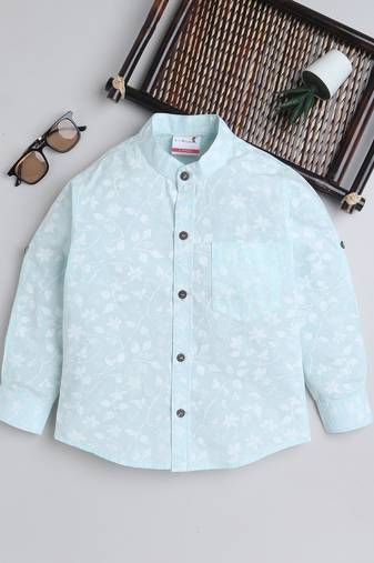 Green cotton full sleeves pink leaf print  mandarin collar shirt for boys
