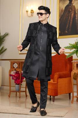 black computer thread work on velvet 3 piece indo western with faux satin for mens 2