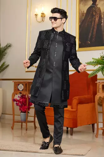 black computer thread work on velvet 3 piece indo western with faux satin for mens